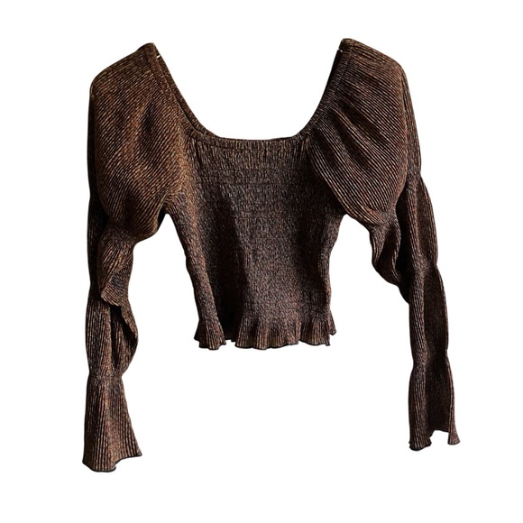 Anthropologie Tops - Anthropologie Smocked Ruffled Cropped Blouse Size XS Brown Peasant Sheer Sleeve